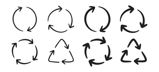 Recycle arrow icon or using recycling resources doodle hand drawn symbol. Outline drawing recycle arrow line clipart symbol