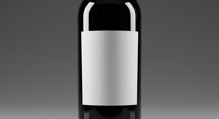 Photorealistic 3D render focusing on the mid-section of a sleek, dark glass wine bottle. Ideal for label design presentation. Blank label area is the focus