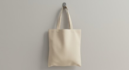 Photorealistic 3D render of a blank beige canvas tote bag hanging naturally from a simple hook against a plain light grey wall. Fabric shows realistic folds and texture. Clean, even lighting. 
