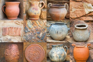 Collection of aged terracotta pottery and stone wall textures