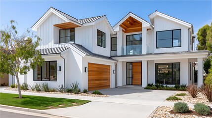 Modern Farmhouse Exterior White Two Story Home with Wood Accents and Metal Roof