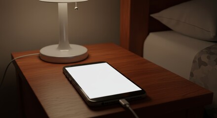 Photorealistic 3D render of a modern smartphone lying flat on a bedside table next to a lamp (softly lit). Blank screen is the focus