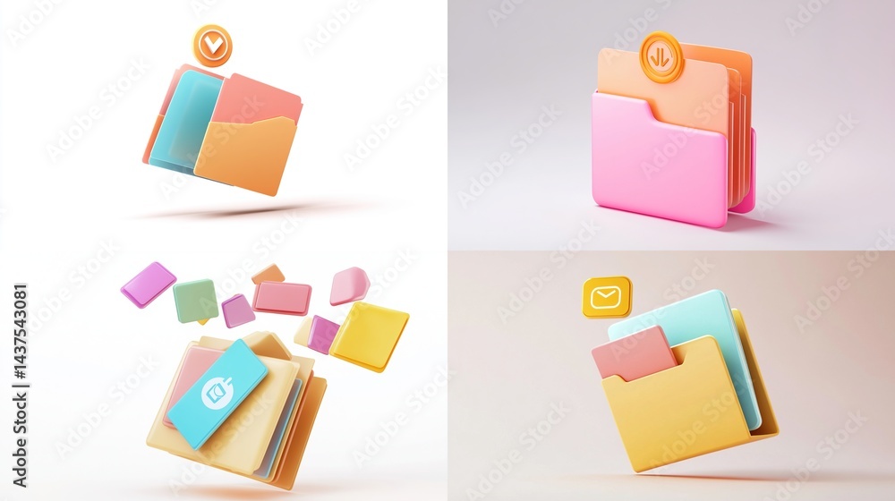 Poster colorful 3d folder icons with floating elements.
