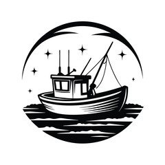 Monochrome Fishing Boat on Wavy Water with Stars and Oval Frame, Nautical Design
