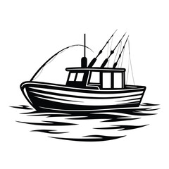 Fishing Boat Silhouette, Outrigger Poles, Ocean Waves, Sport Fishing, Black and White