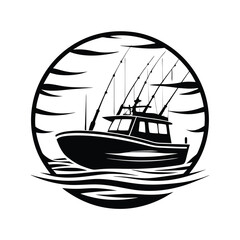 Black Silhouette of Fishing Boat with Fishing Rods in a Circle Icon