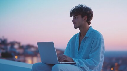 Young man using laptop on rooftop at sunset, enjoying peaceful evening with city view.