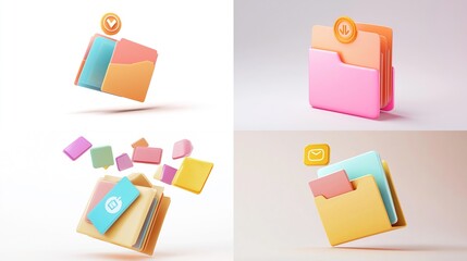 Colorful 3D folder icons with floating elements.