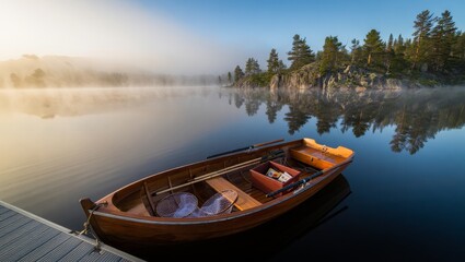 Misty Mountain Lake Fishing Scene with Empty Rowboat and Sunrise, AI Generated