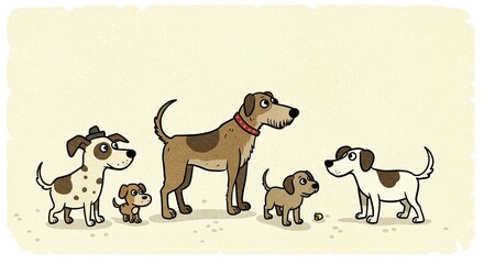Adorable Cartoon Dogs of Varying Sizes and Breeds Together