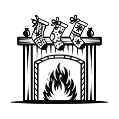 Fototapeta premium Silhouette Fireplace With Stockings, Candles, and Flames in Black and White Design