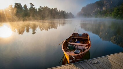 Obraz premium Misty Mountain Lake Fishing Scene with Empty Rowboat and Sunrise, AI Generated