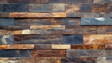 Rustic stone wall with brown, black, & gold horizontal rectangular blocks. Use as a textured backdrop for designs, websites, or presentations.