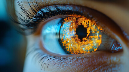 Close-up of a woman's eye with glowing, digital code patterns projected onto the iris.
