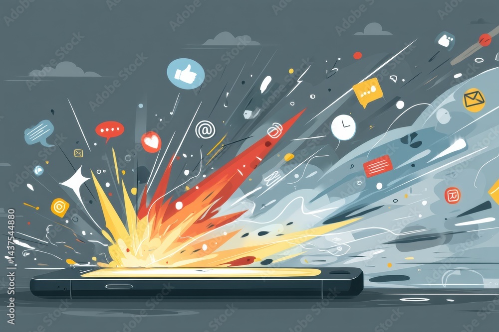 Aufkleber mobile phone explodes with vibrant social media icons and messages in a creative digital representat