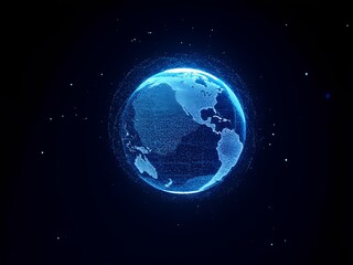 Fototapeta premium Digital representation of Earth in a futuristic, glowing blue design set against a starry backdrop