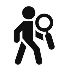 Obraz premium Icon of a man walking with a magnifying glass exploring new ideas and possibilities on a white background, strategic thinking concept