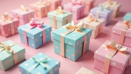Subtle pastel gift boxes with polka dots, repeating pattern, kawaii, summer, bright