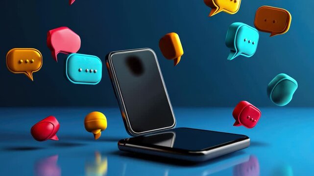 Mobile Communication: A sleek smartphone rests on a glossy blue surface, surrounded by colorful speech bubbles, symbolizing the vibrant flow of messages and the ever-connected nature of modern life.