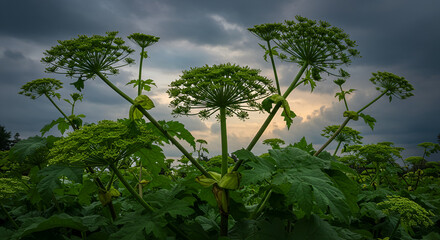 Towering Giant Hogweed Plants Against Moody Clouds