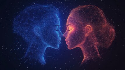Naklejka premium Two faces, close, glowing, abstract