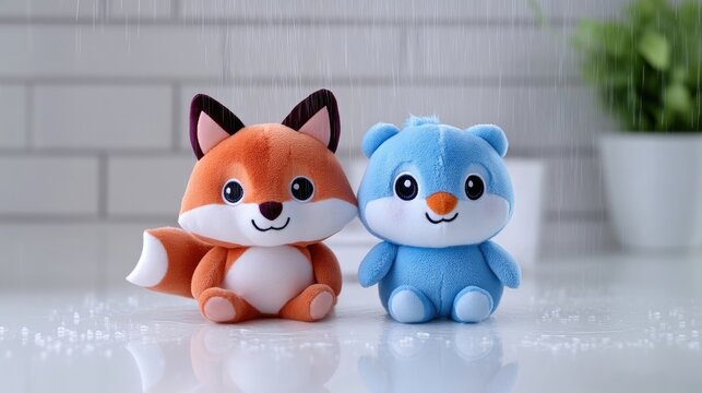 Plush Fox and Squirrel Playful Cute Style High-quality Studio Lighting Side-by-Side View Soft Textures Gentle Rain Setting Bright Cheerful Tones Ideal for Childrens Product Ads