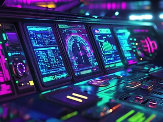Futuristic cockpit dashboard with glowing screens and controls