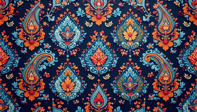 Symmetrical paisley damask, repeating vine and droplet motif , fabric, elegant pattern, symmetrical