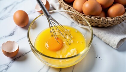 Fresh Eggs Being Whisked in a Bowl with Eggshells Around  