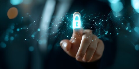 Cybersecurity and privacy concepts to protect data. Lock icon and internet network security technology. A businessman protecting personal data and internet privacy
