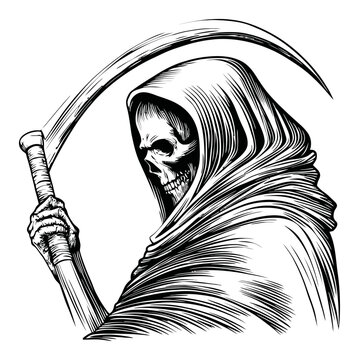 recommend clip art: Intricate Engraving of a Grim Reaper with Scythe in Black and White