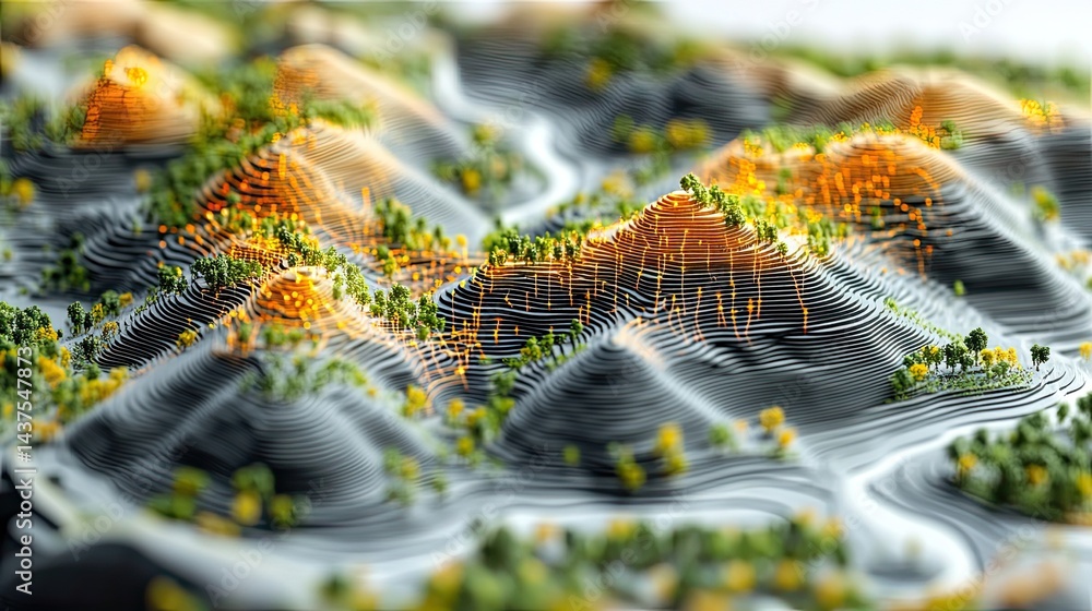 Poster elegant 3d terrain model with interconnected digital points showing data flows