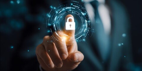 Cybersecurity and privacy concepts to protect data. Lock icon and internet network security technology. A businessman protecting personal data and internet privacy