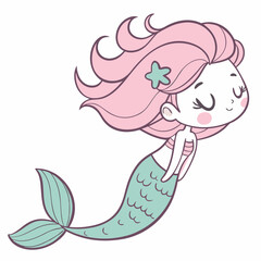 Adorable illustration of a smiling mermaid with flowing pink hair, a green starfish accessory, and a teal tail, perfect for children's designs.
