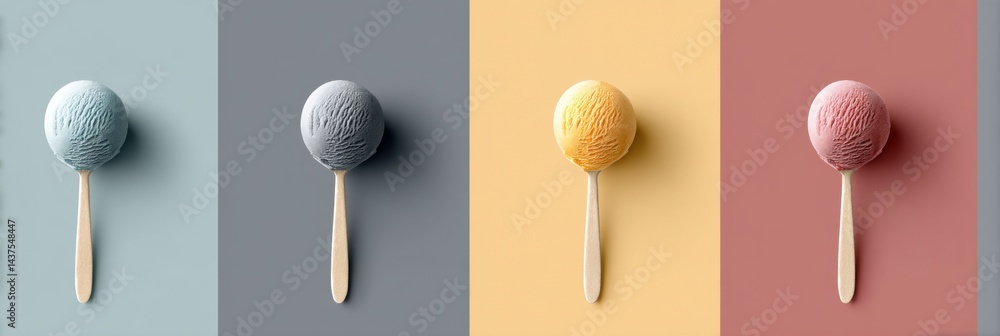 Poster minimalist three-color ice cream scoop arrangement in symmetrical layout on pastel backgrounds