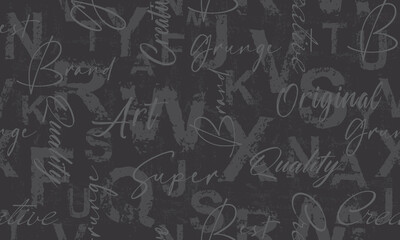 Letters seamless pattern. Dark grunge background with inscriptions. Scattered letters of the English alphabet. 