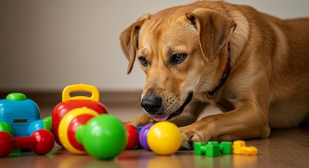 Curious Brown Dog Exploring Colorful Children s Toys on Floor