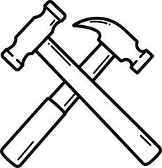Tools of the Trade: Two hammers crossed in a simple, black-and-white line art illustration, perfect for conveying construction, craftsmanship, or the tools of a profession.