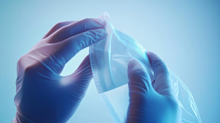 A healthcare worker's hands gently adjusting a face mask, with soft lighting highlighting the delicate fabric. The background is a smooth, light blue gradient, symbolizing cleanliness and care 