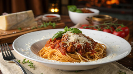 Close-up of spaghetti with tomato sauce, grated Parmesan cheese, and fresh basil, warm lighting.