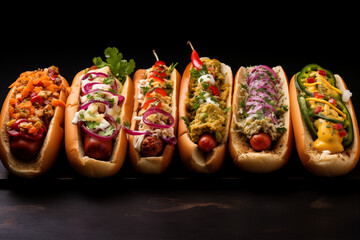 A variety of gourmet hot dogs with unique toppings like caramelized onions, avocado, spicy jalapeños, melted cheese, and truffle aioli, set against a dark wooden backdrop