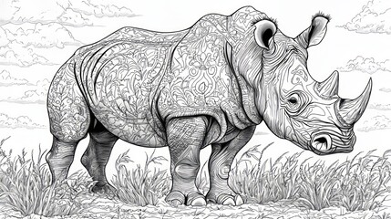 Fototapeta premium Black and White Rhino Coloring Page for Creative Art Projects