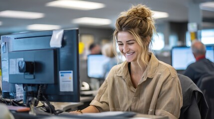 Smiling Office Assistant Shows Appreciation in a Bright and Engaging Workplace Environment