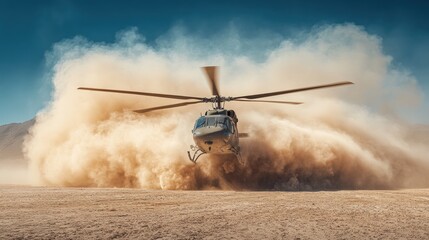 Helicopter taking off in a dusty desert