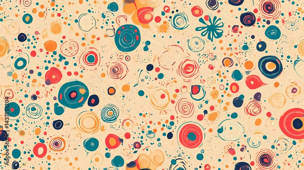 Poster abstract seamless pattern with colorful organic shapes and doodle lines on a beige background