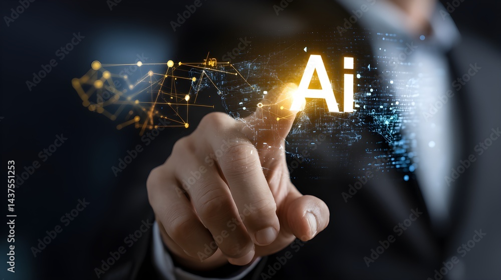 Poster businessman displays a virtual image chat with artificial intelligence (ai) on the global internet. 