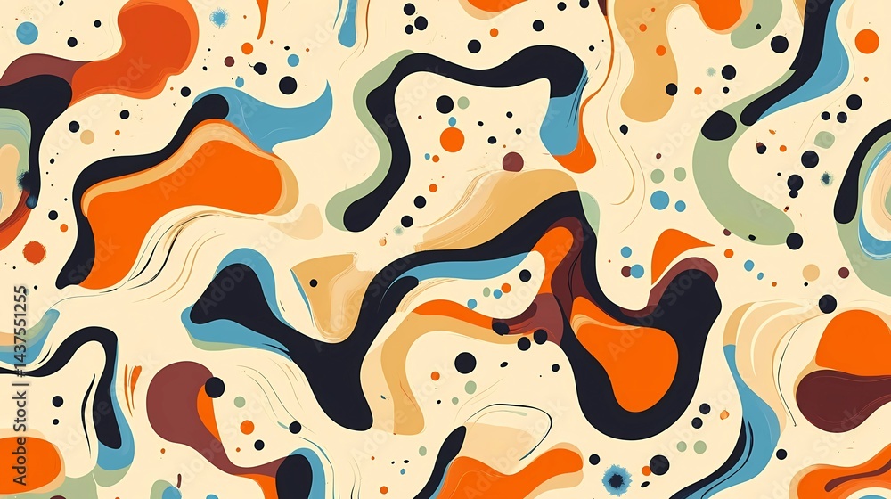 Poster abstract seamless pattern with colorful organic shapes and doodle lines on a beige background