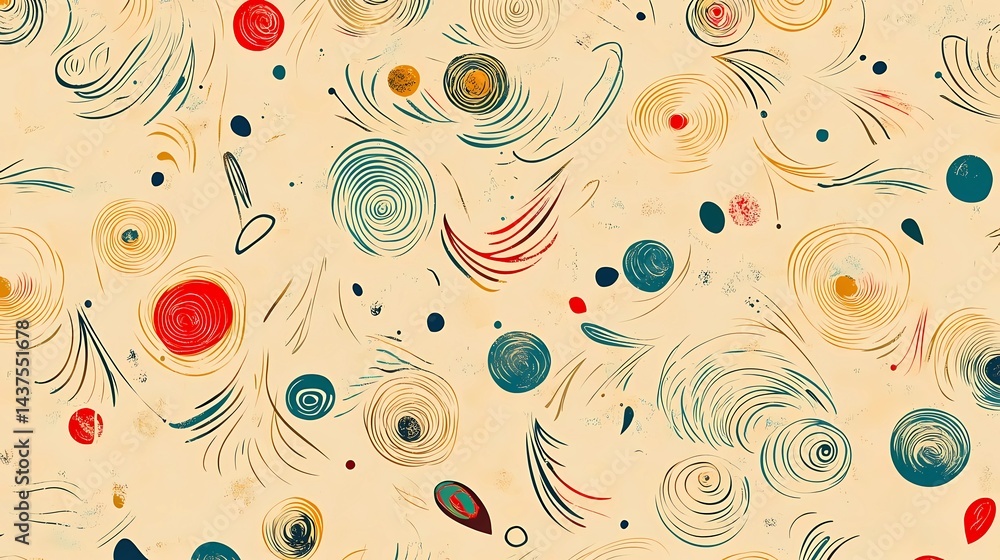 Poster abstract seamless pattern with colorful organic shapes and doodle lines on a beige background