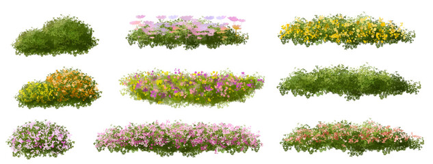 set of flowers meadows, Vector watercolor blooming flower tree or forest side view isolated on white background for landscape and architecture drawing,elements for environment or and garden,shrub 