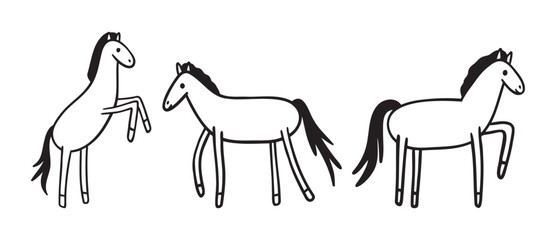 Cute horse for kids doodle hand drawn icon set. Outline drawing horse line clipart symbol collection